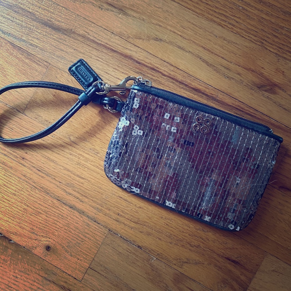 Coach Sequin Black/Gray Wristlet Leather Trim